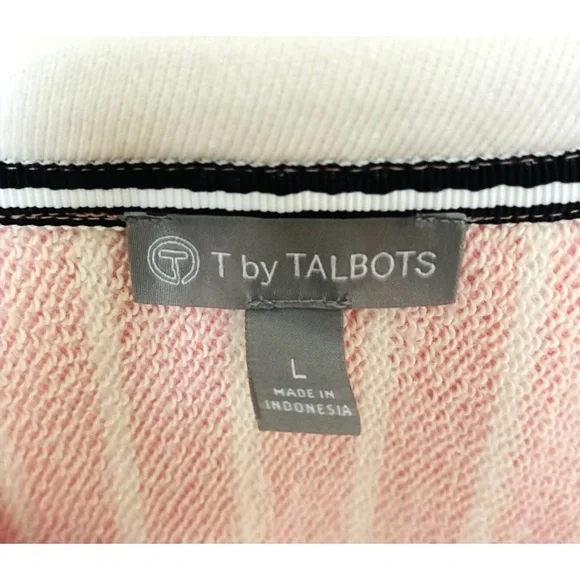 T by Talbots Pink Cream Striped Kangaroo Pocket Sweatshirt Large - Picture 5 of 8